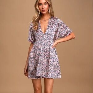 Lulu's Pink Floral V-Neck Mini Dress